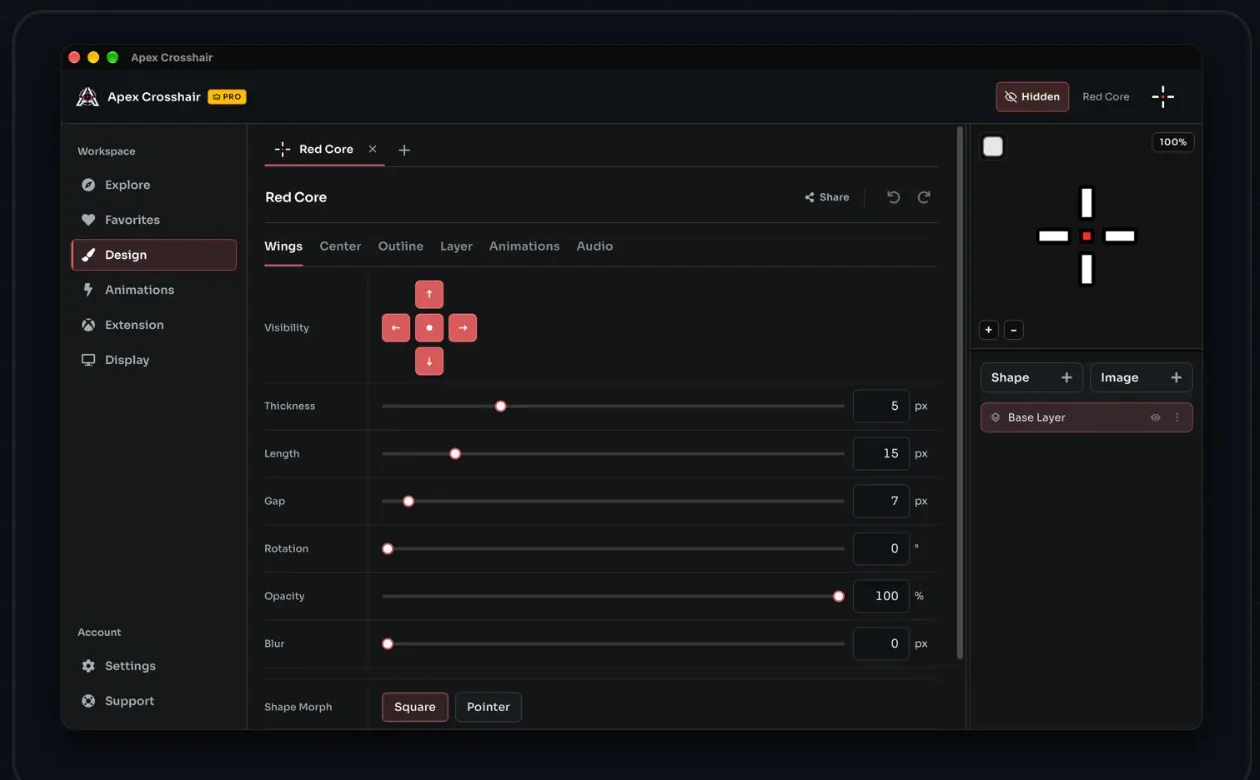 Apex Crosshair editor showing reticle controls, live preview, and layers